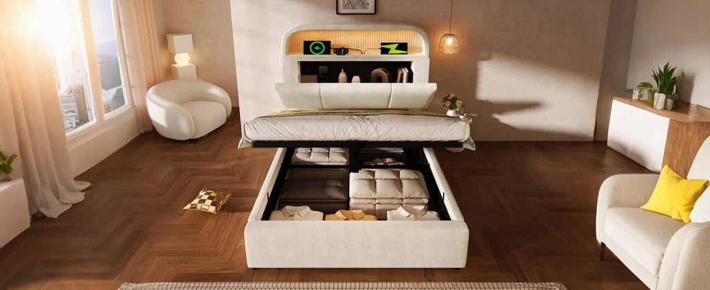 Letto singolo 90x200 cm con contenitore regolabile, testiera imbottita in velluto beige, illuminazione LED e stazione di ricarica USB/Type-C, incluso rete a doghe e materasso