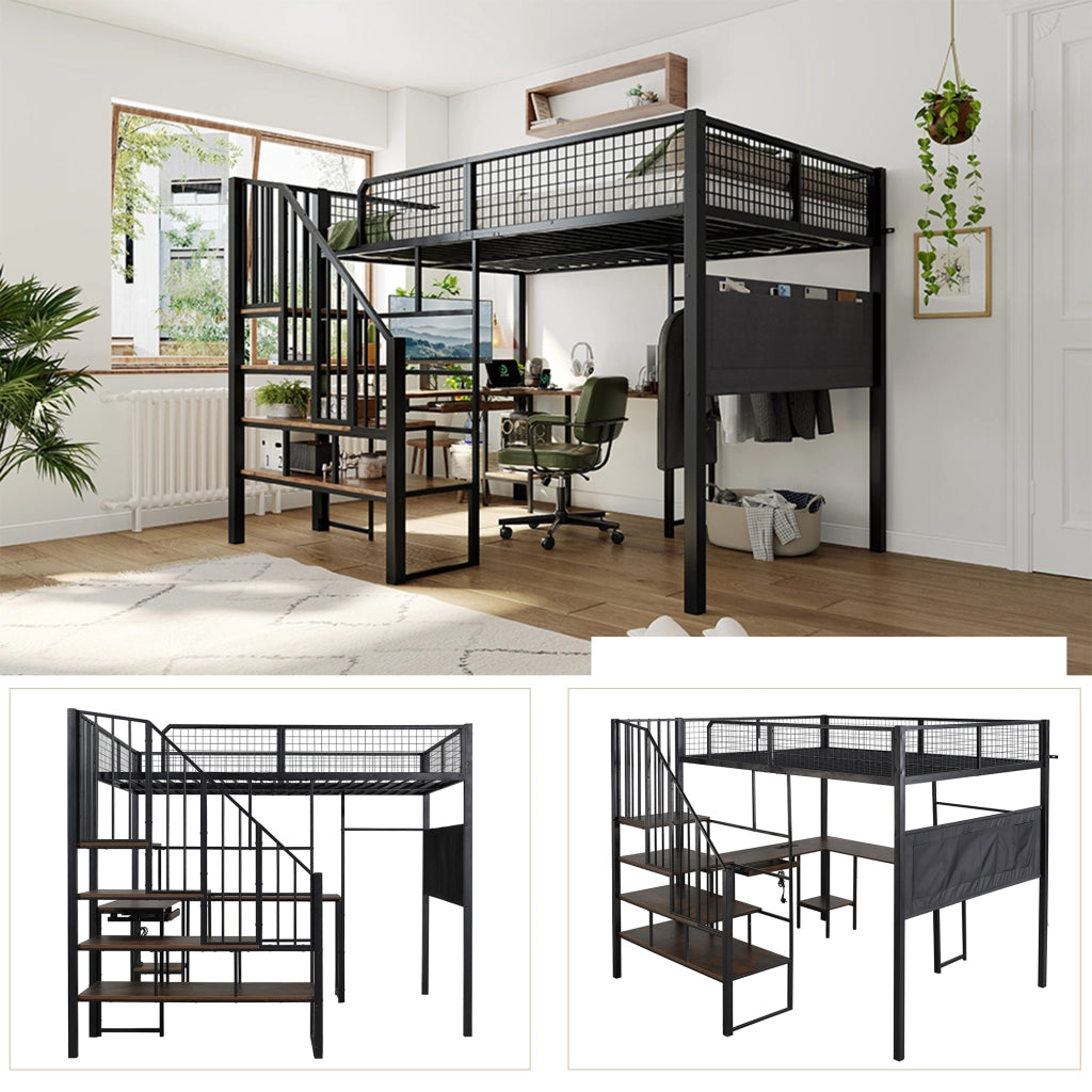 Letto a soppalco 140 × 200 cm 2 posti con scrivania angolare, porta di ricarica e tasca, senza materasso