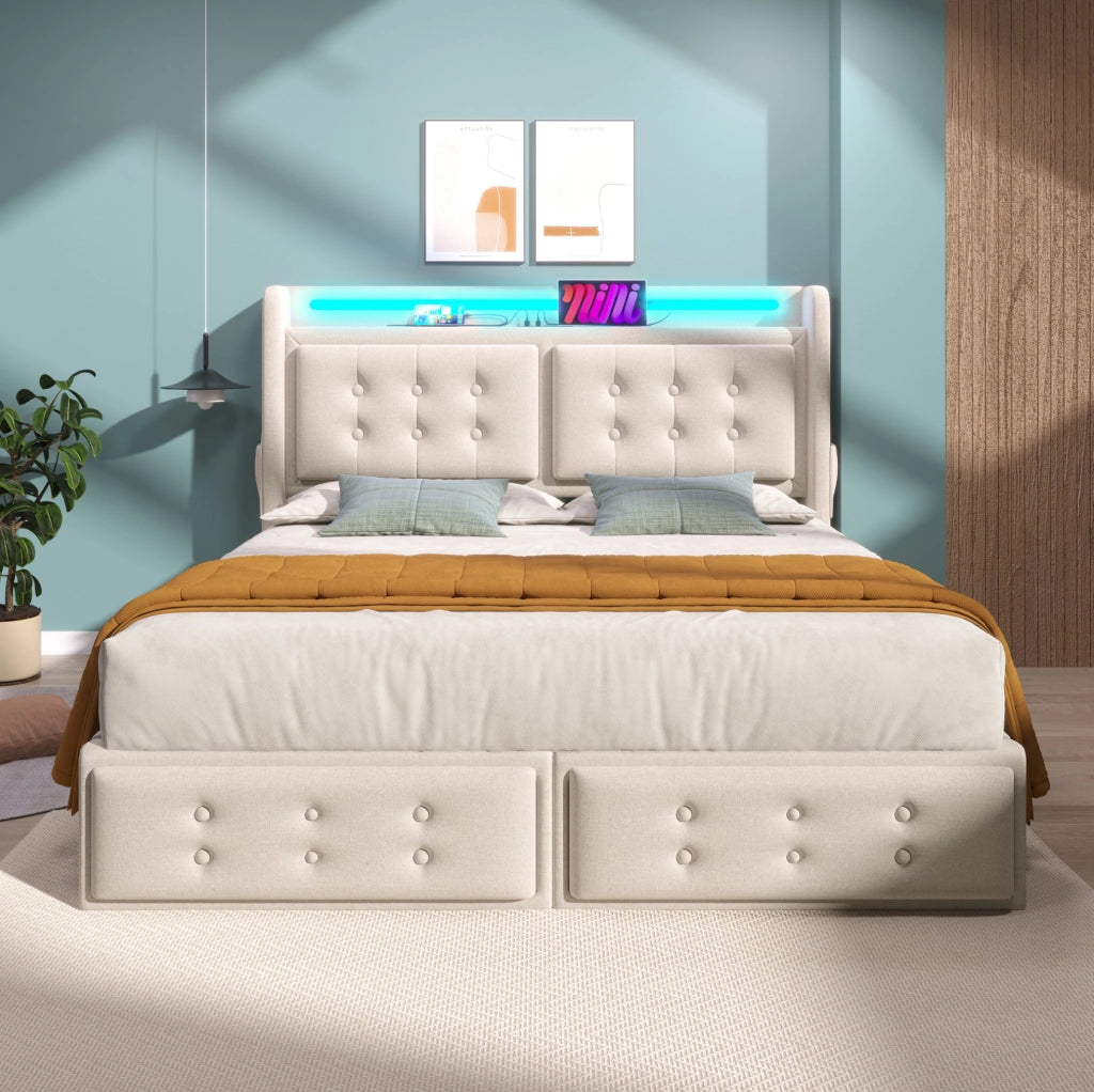 Letto matrimoniale 140x200 cm in cotone beige con LED, USB-C e 4 cassetti