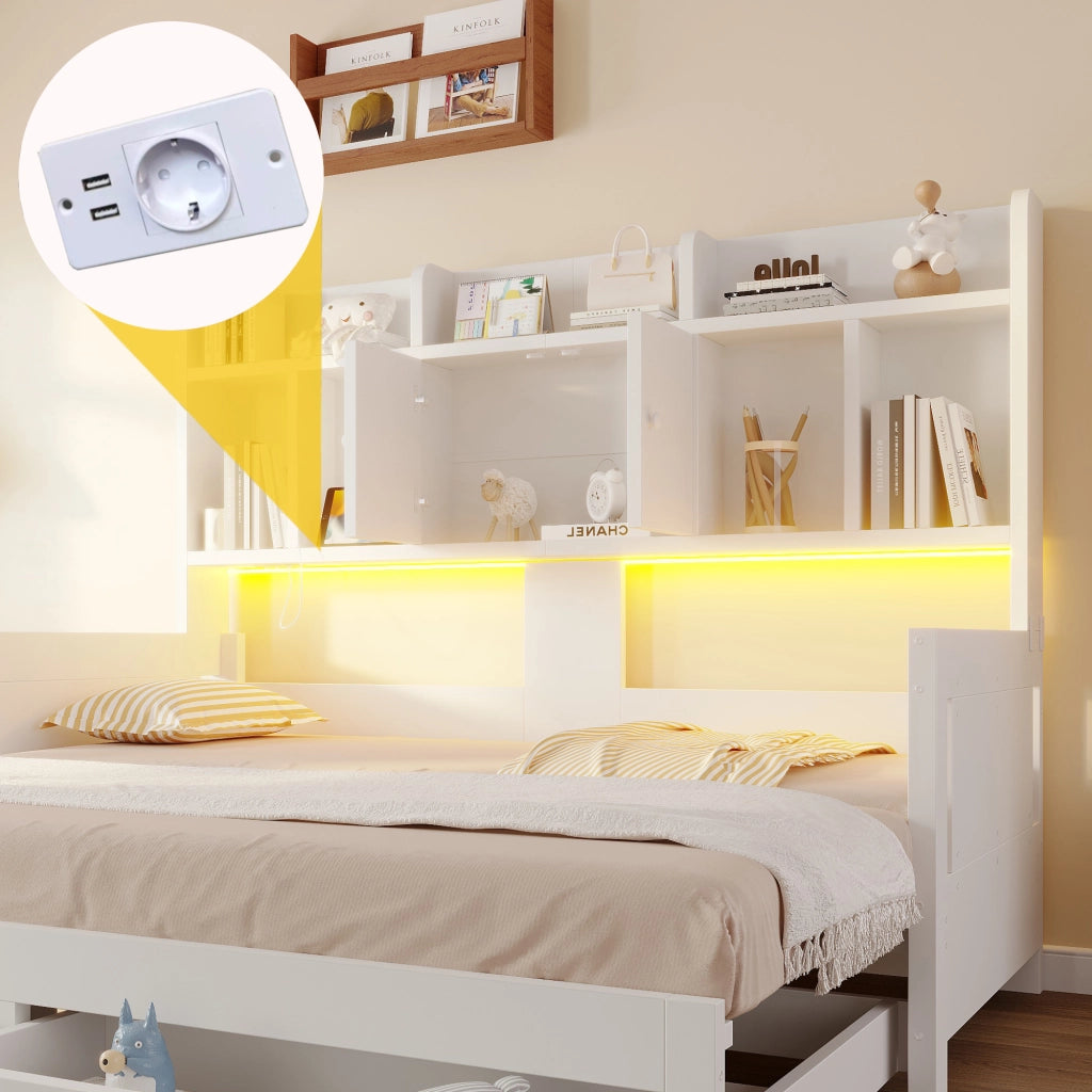 Divano letto 90 × 190 cm estensibile a 180 × 190 cm con cassetti prese integrate LED in legno bianco