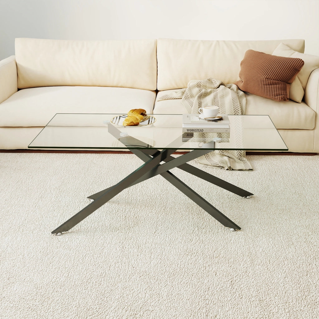 Tavolino basso fisso in vetro temprato con gambe in metallo nero rettangolare 120 × 60 × 46 cm