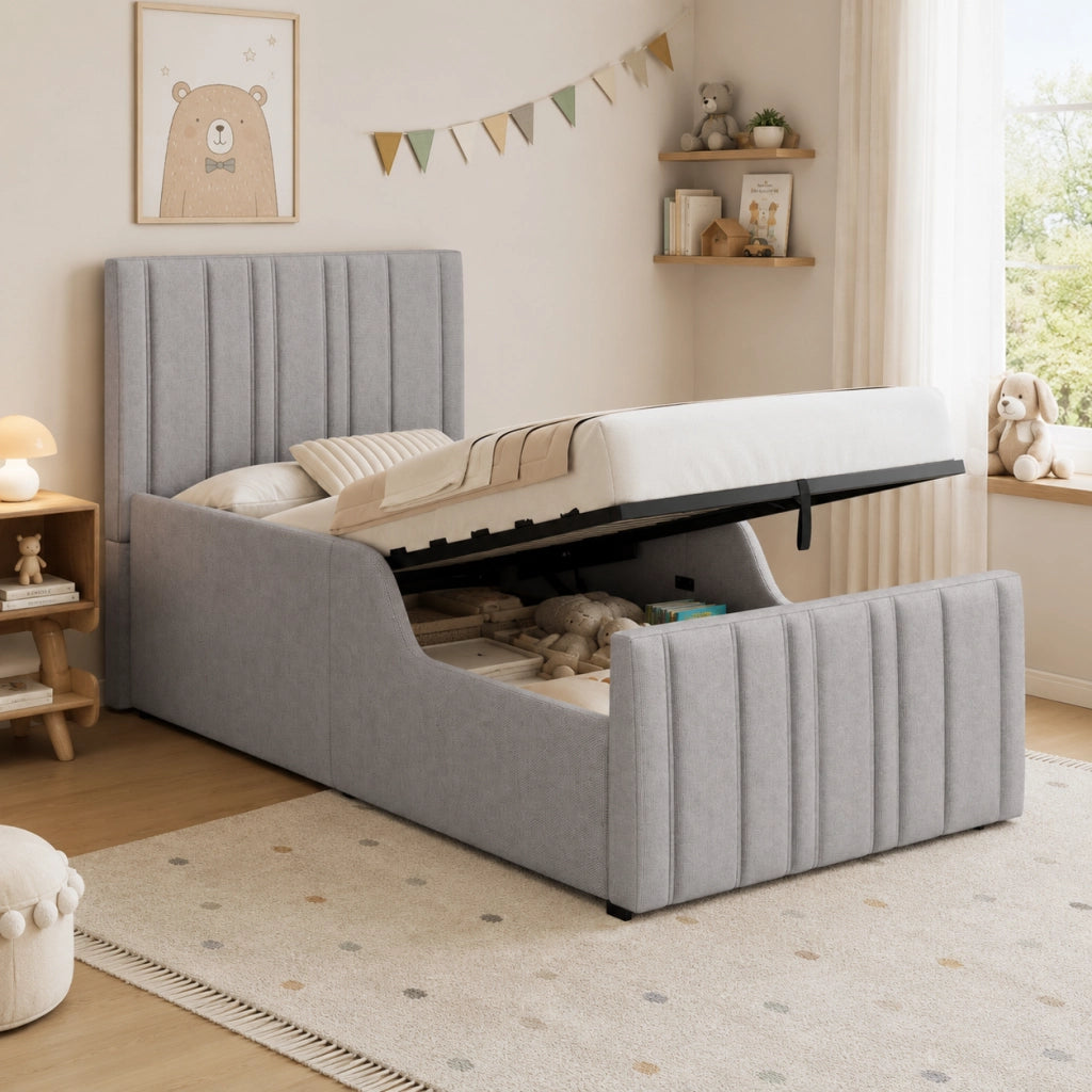 Letto imbottito per bambini con contenitore idraulico, 90x200 cm, lino grigio