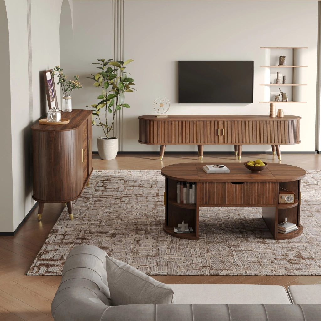 Set di 3 mobili da soggiorno con tavolino elevabile; porte scorrevoli; MDF noce