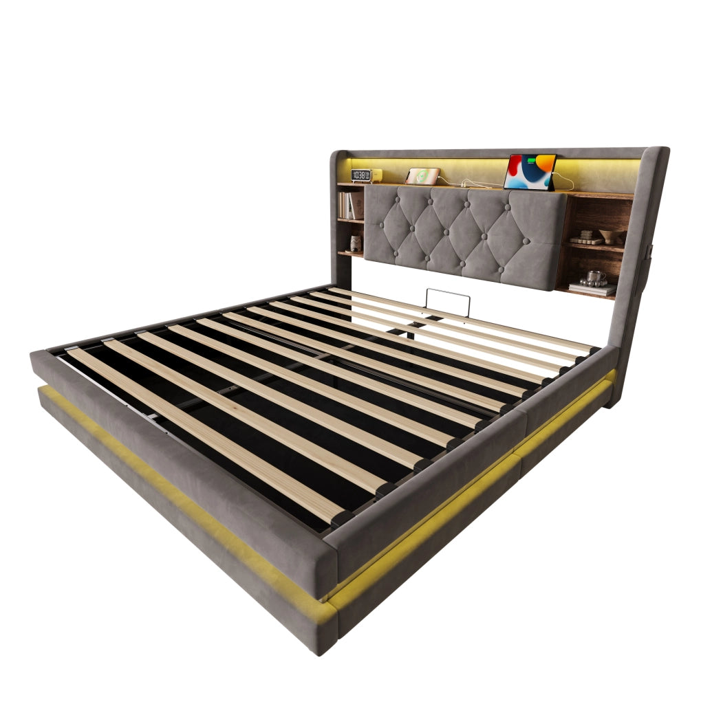 Letto imbottito 140x200 cm grigio scuro con LED e USB