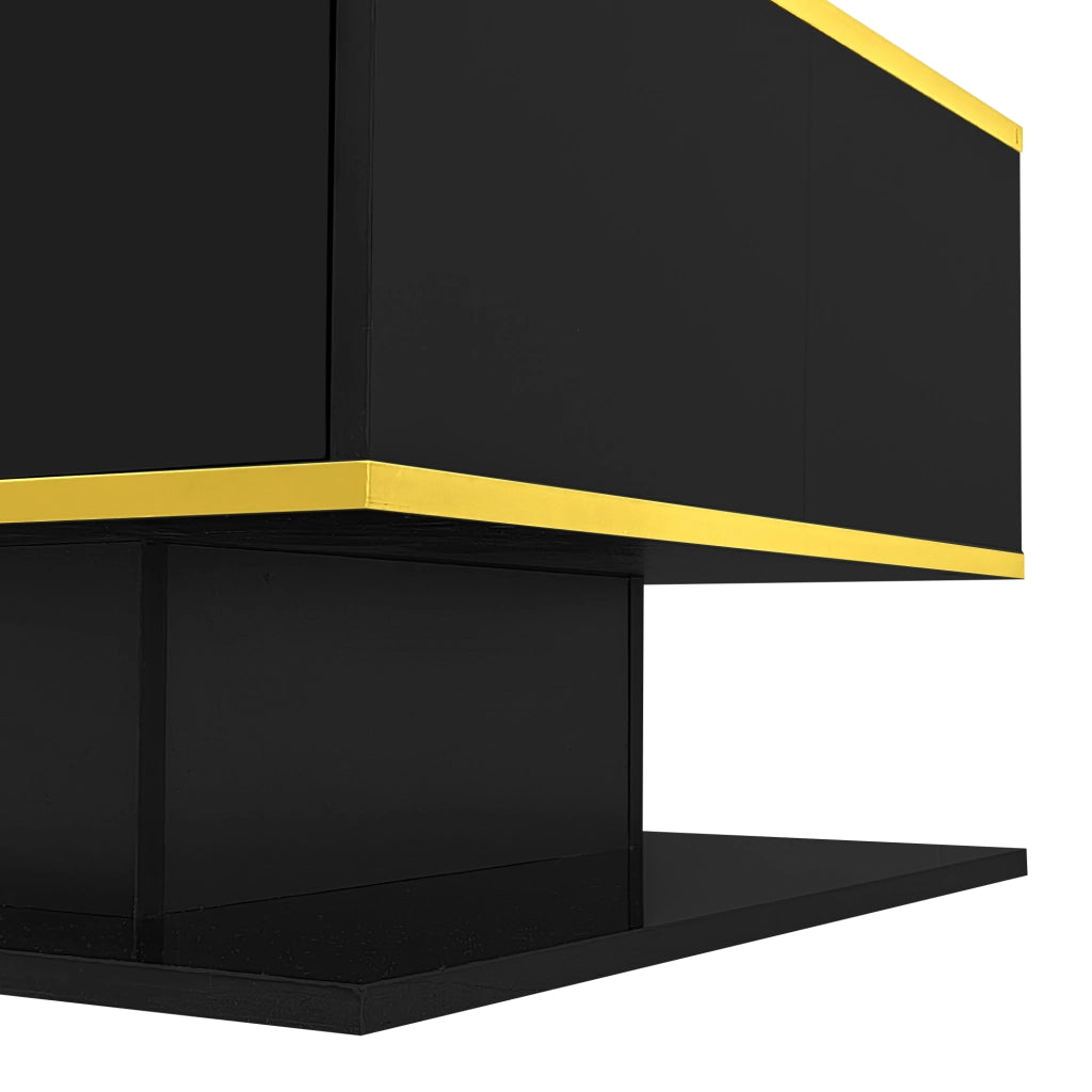 Tavolino da salotto LED con 3 cassetti e vano aperto, finitura lucida con decori dorati, nero, 100 × 50 × 40 cm