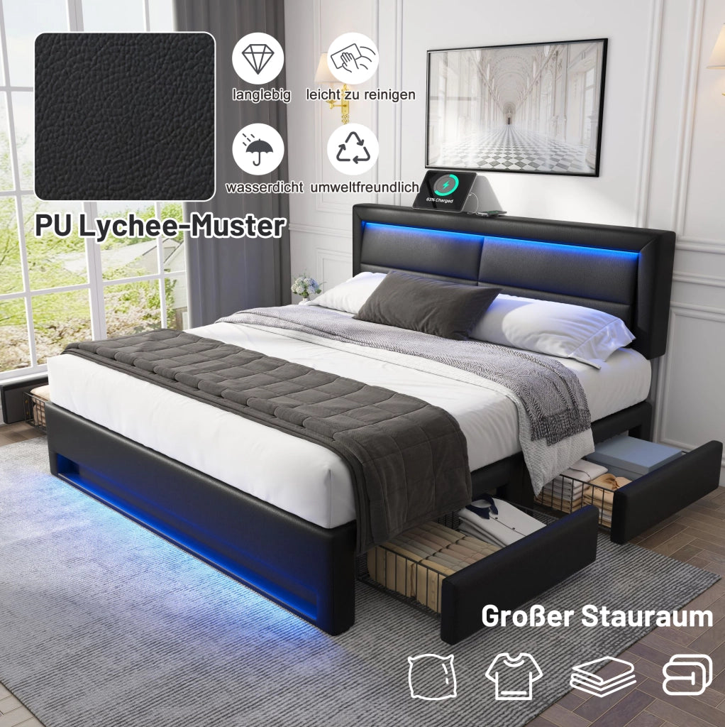 Letto imbottito 140x200 cm con LED, USB e 4 cassetti nero