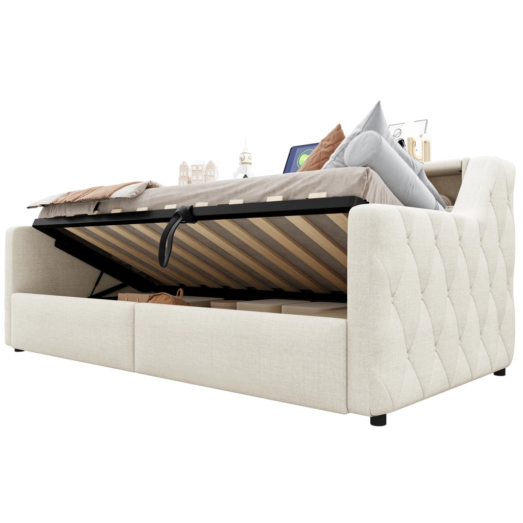 letto in lino e mdf beige 90 x 200 cm