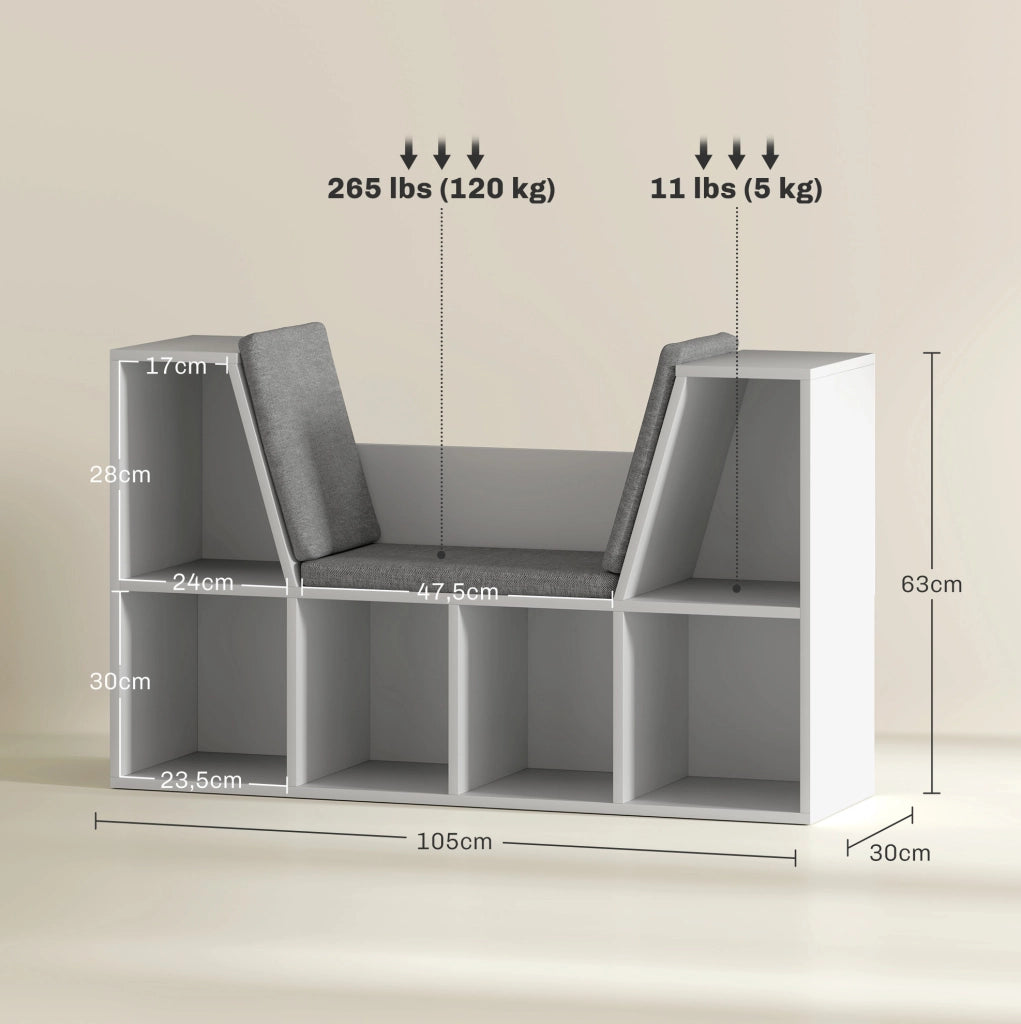 Libreria 105x30x63 cm in truciolare bianco con cuscino salvaspazio