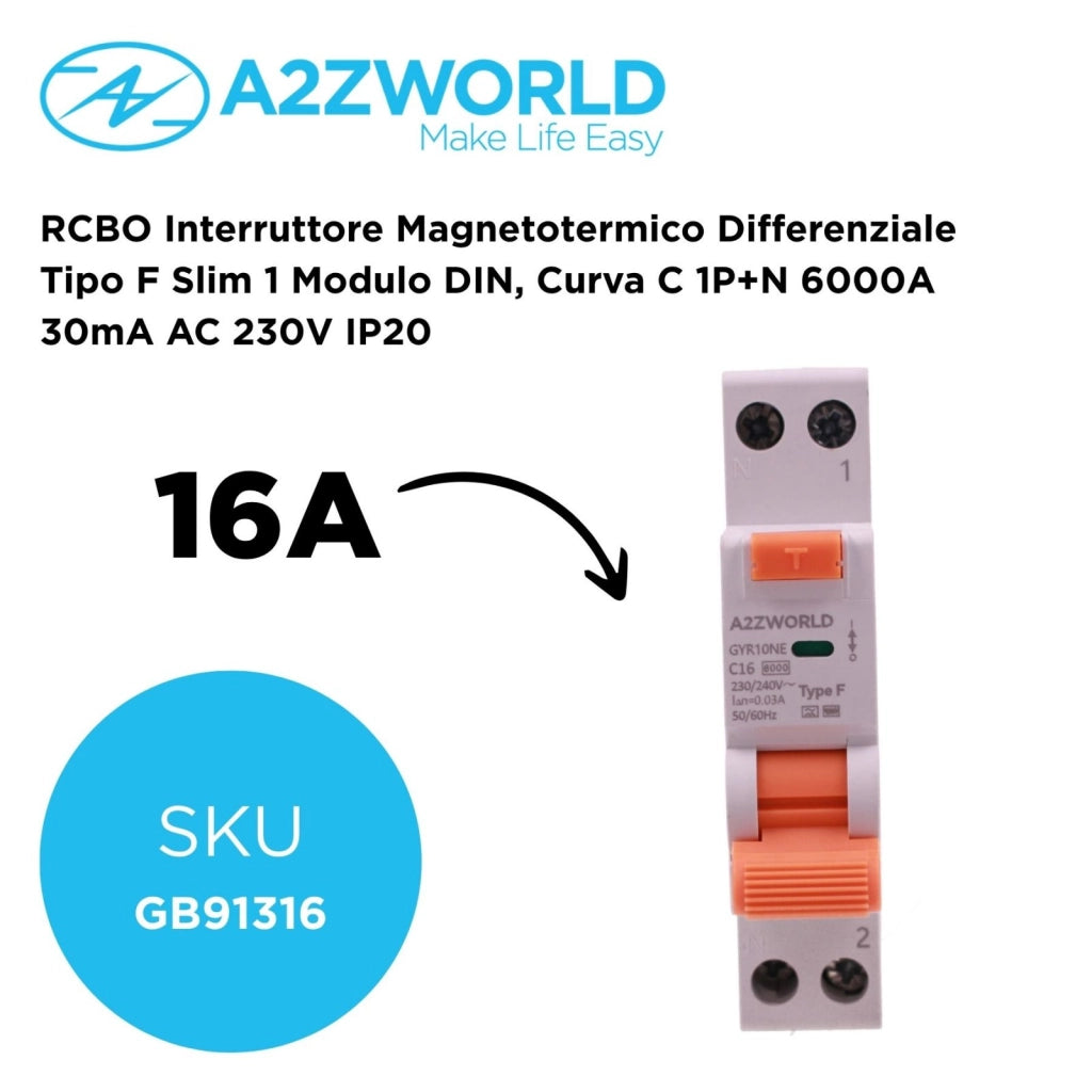 RCBO Interruttore Magnetotermico Differenziale Tipo F Slim 1 Modulo DIN, Curva C 1P+N 6000A 30mA AC 230V IP20, Corrente Disponibili 6A 10A 16A 20A 25A 32A 40A (C16A)