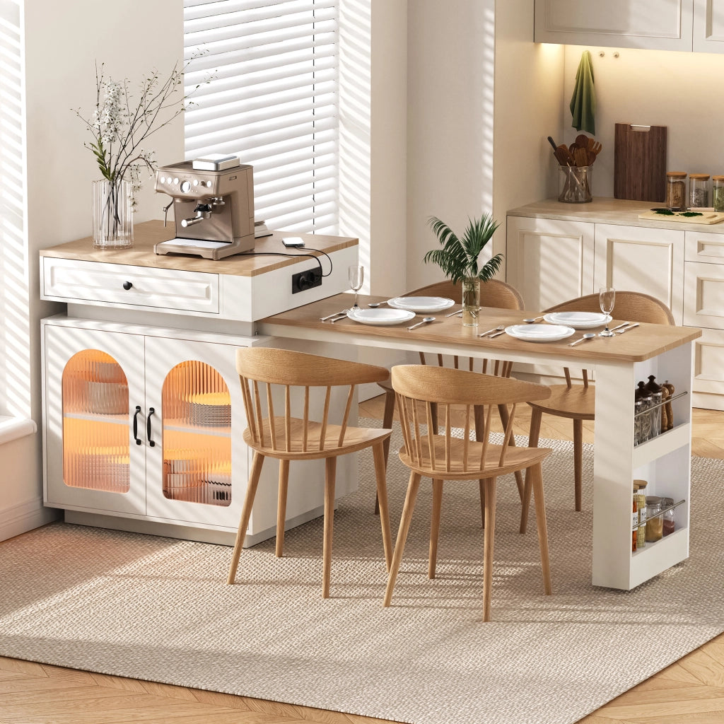 Isola Cucina con Ruote e Tavolo da Pranzo Allungabile; Tavolo Bar con Prese Elettriche; LED a 5 Colori; 128-200 cm; Bianco