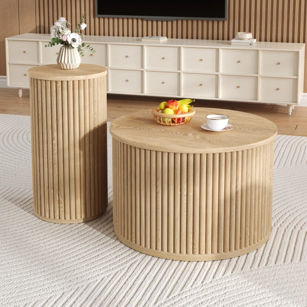 Set di 2 tavolini da salotto rotondi in MDF naturale con motivo a listelli verticali