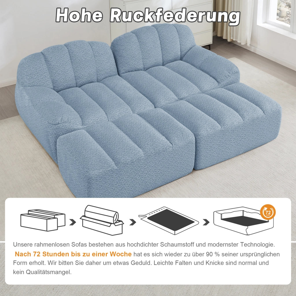Divano modulare senza struttura rigida in pile granulato blu con moduli antiscivolo configurabile a U L o 2 posti