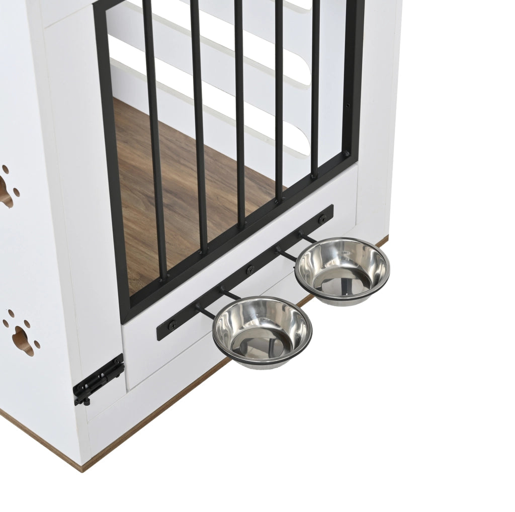 Gabbia per cani con ciotole, bianco e rovere chiaro in MDF e metallo