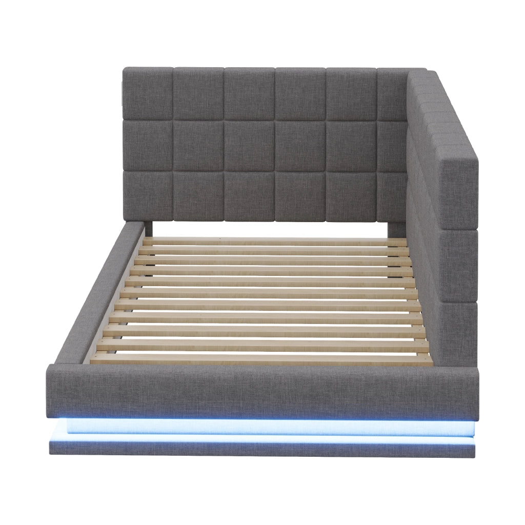 Divano letto 90 x 200 cm con LED multicolore via smartphone e USB, letto multifunzione in lino grigio con rete a doghe
