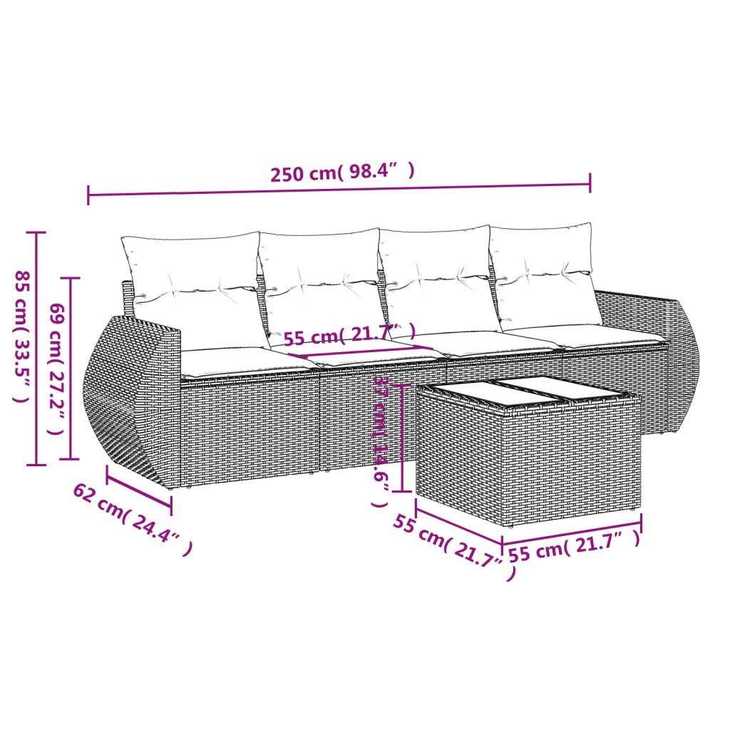 Set Divano da Giardino 5 pz con Cuscini Grigio in Polyrattan