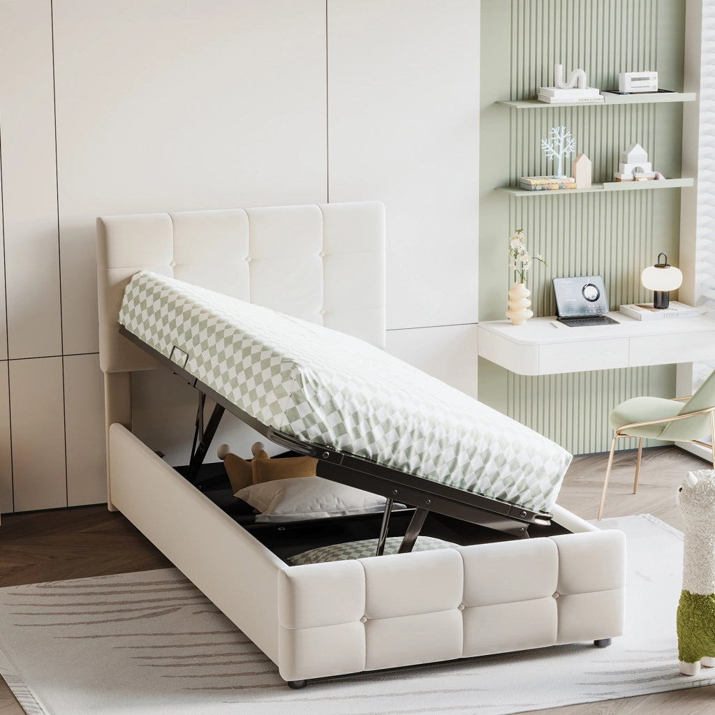 Letto singolo 90x200 in velluto beige con contenitore idraulico e testiera regolabile