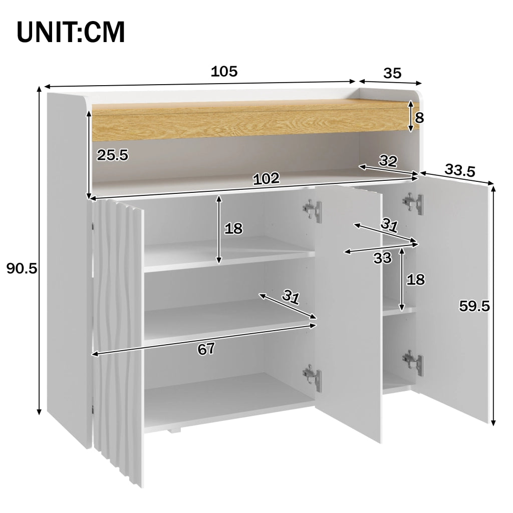 Mobile contenitore con LED, 3 ante e ripiani regolabili 105x35x90,5 cm bianco e naturale