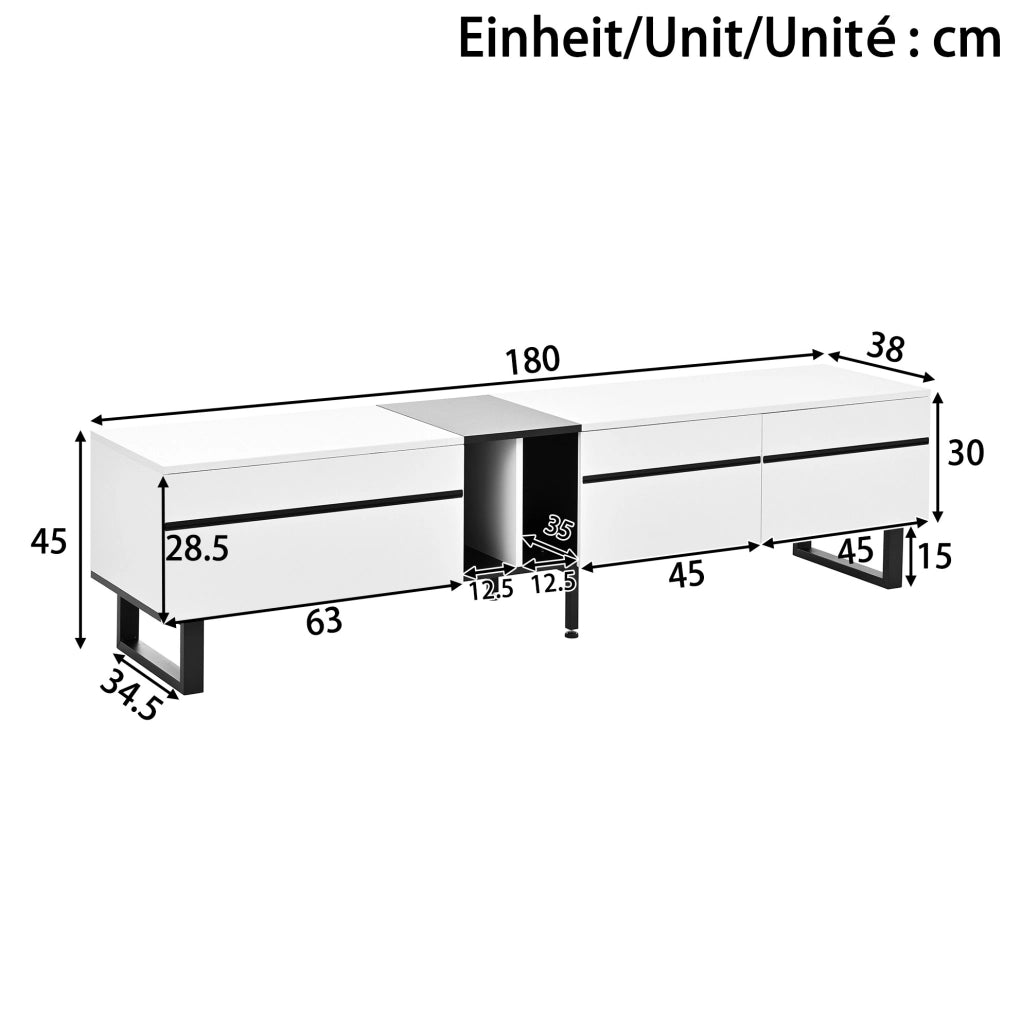 Mobile TV 180x38x45 cm con vano a ribalta; vano aperto e 2 ante in truciolare bianco