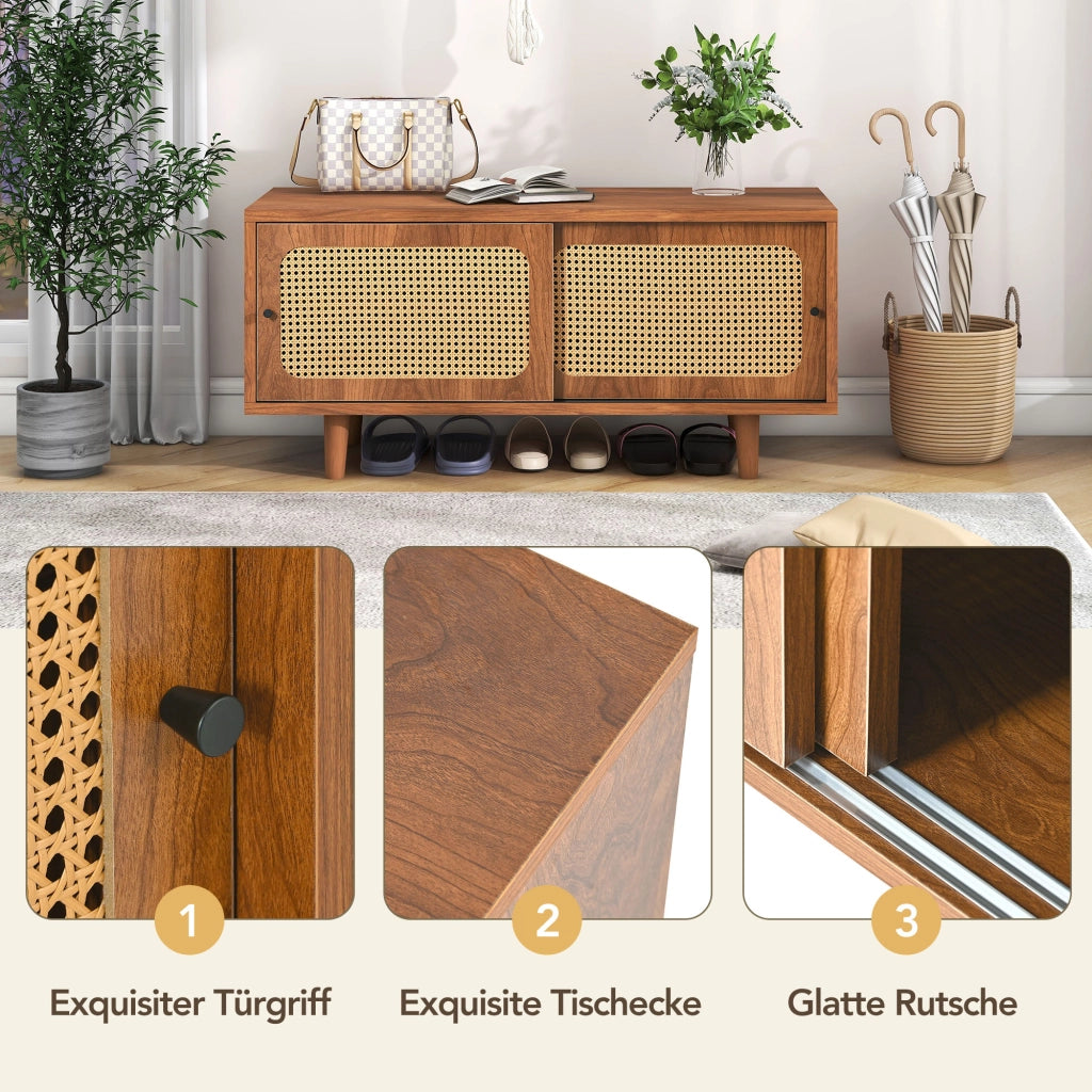 Scarpiera con 2 ante effetto rattan e ripiani regolabili in pannello truciolare color noce 104 × 40 × 48 cm