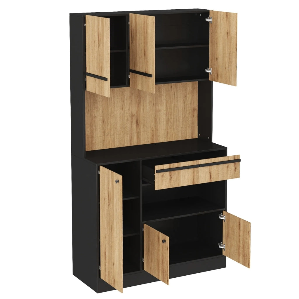 Armadio da cucina alto con illuminazione LED, 2 cassetti e ripiani regolabili, vetrina per soggiorno e sala da pranzo, 100x40x180 cm