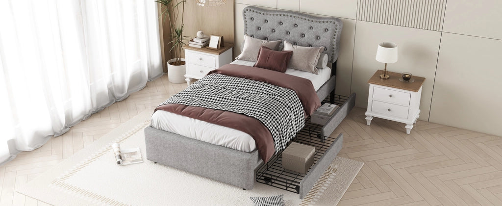 Letto singolo imbottito 90 × 200 cm in MDF e lino grigio con due cassetti e testiera regolabile