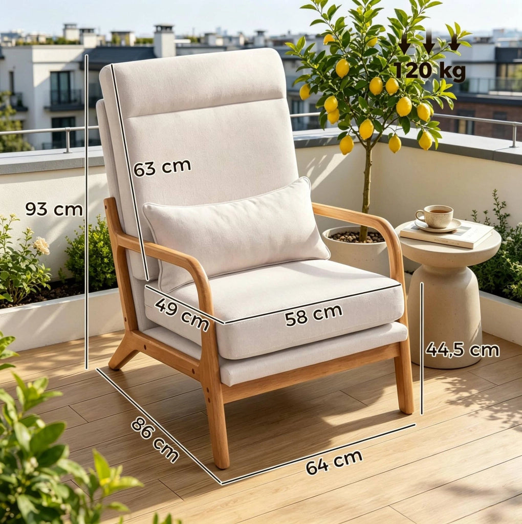 Poltrona da salotto in tessuto color crema con schienale alto e cuscino lombare per il relax