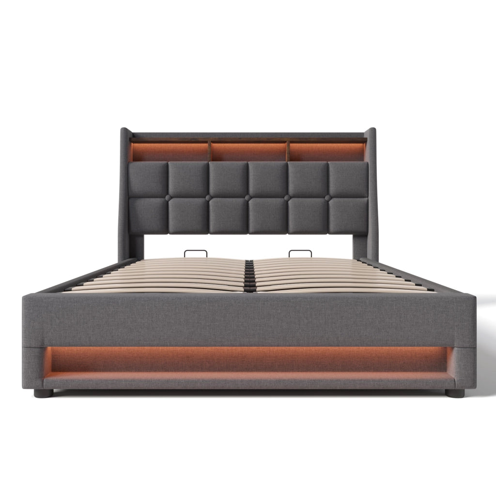 Letto Matrimoniale Imbottito 160x200 cm con LED; USB; Contenitore Idraulico e Rete a Doghe; Tessuto di Lino Grigio