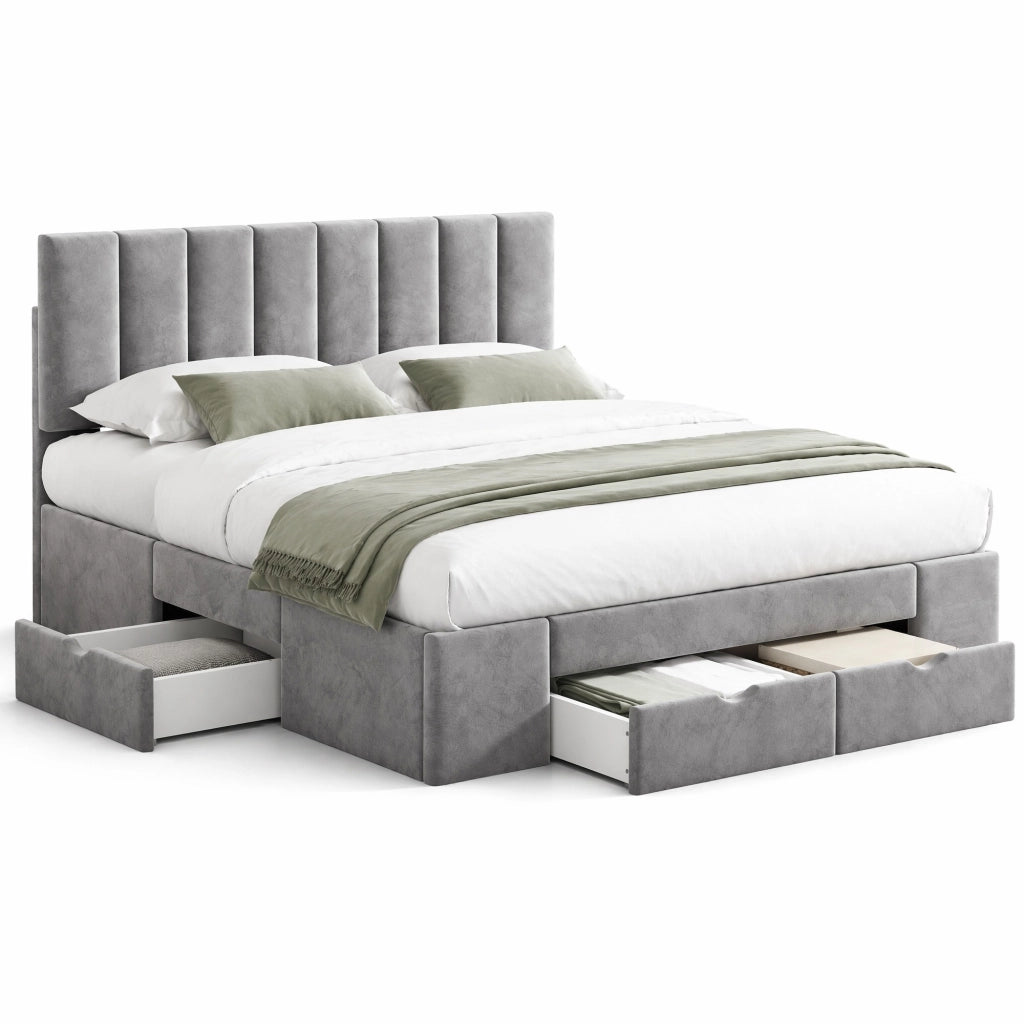 Letto con cassetti 160 × 200 cm con 4 cassetti su ruote testiera imbottita regolabile in velluto grigio