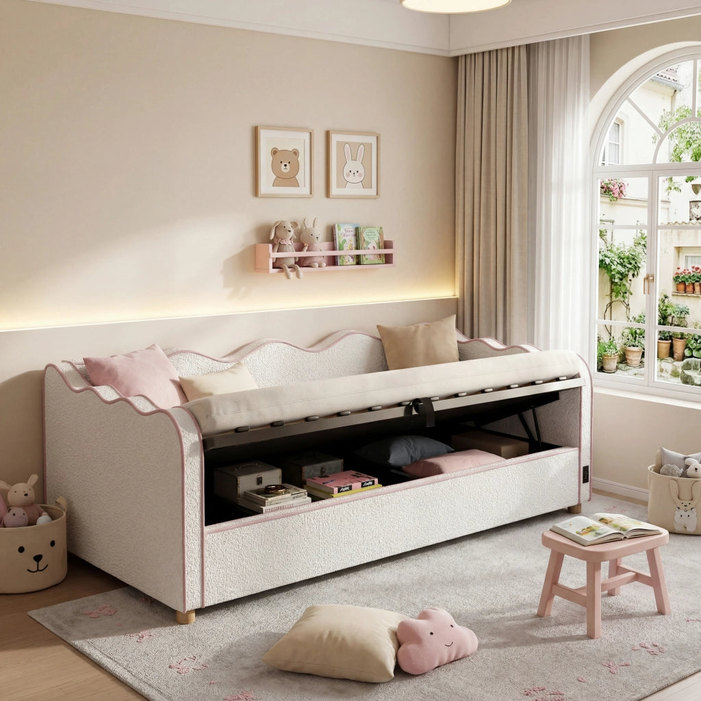 Daybed in bouclé con contenitore idraulico e USB, 90x200 cm, beige