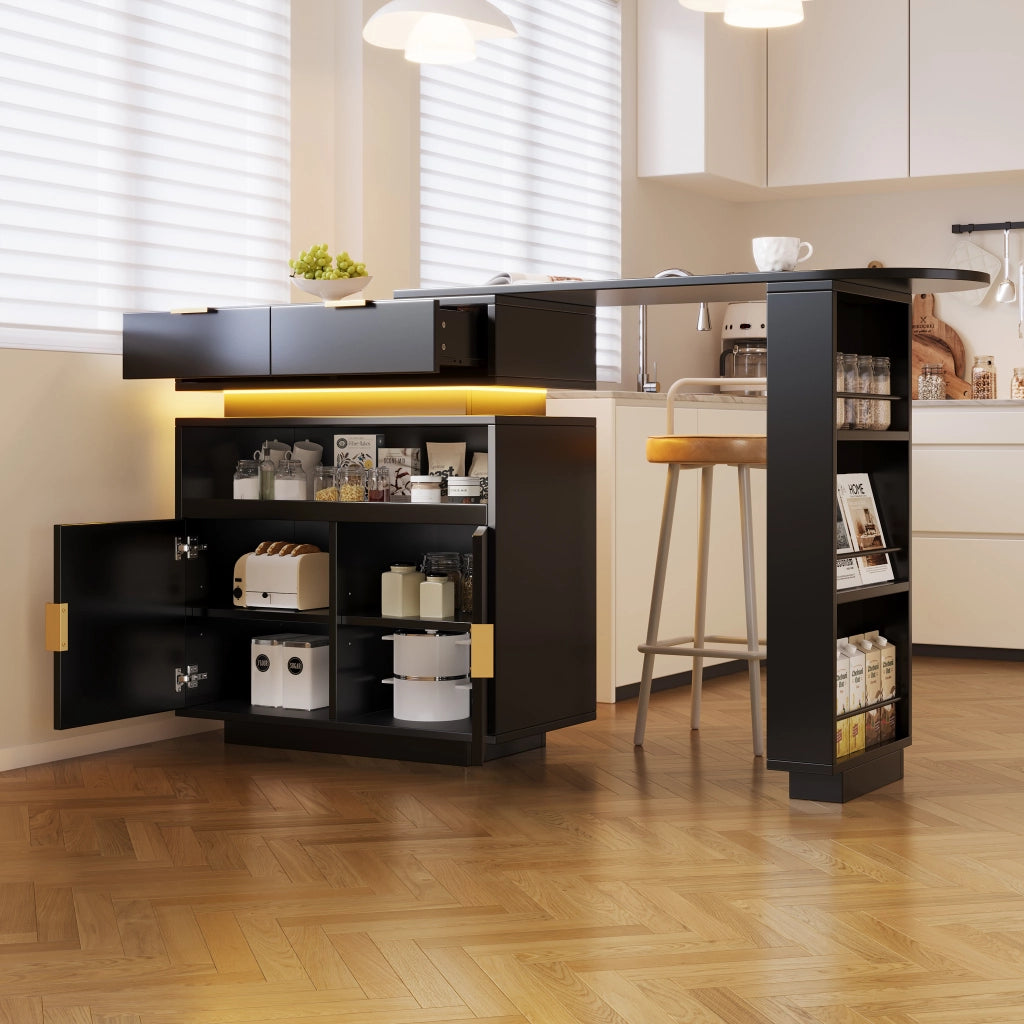 Tavolo da bar allungabile con piano girevole e LED Bluetooth; 115-183x40x99;5 cm; MDF nero
