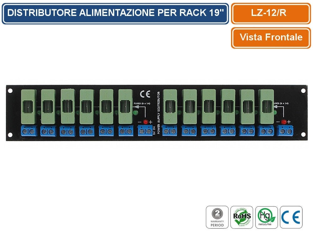 DISTRIBUTORE DI ALIMENTAZIONE 12/24V 16 USCITE 1A SCHEDA PCB MONTAGGIO RACK 19"