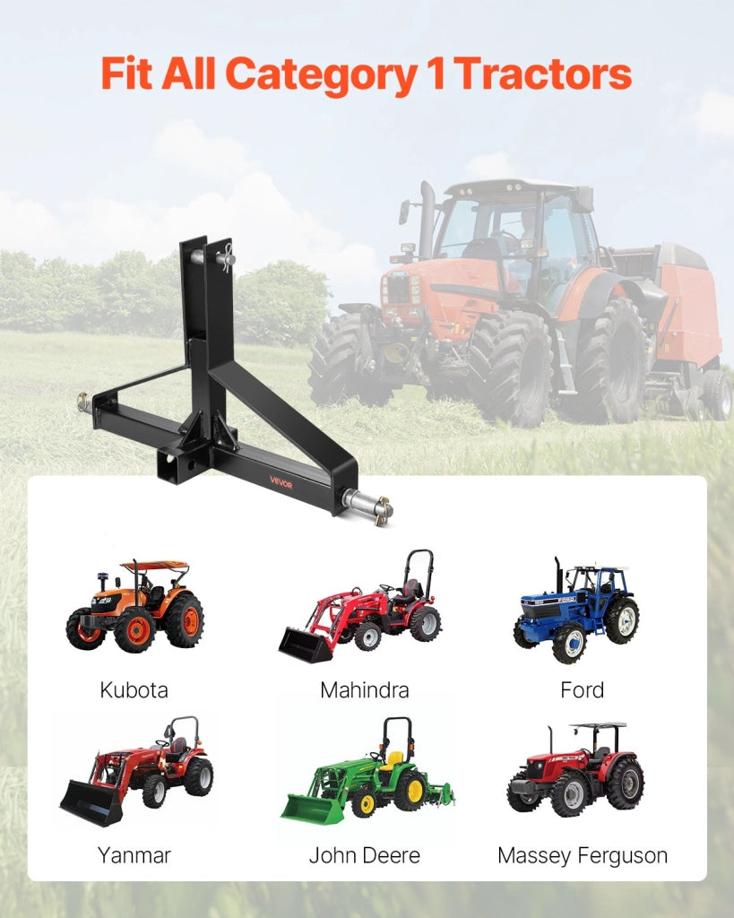 1 Pezzo S-05 Attacco per Rimorchio a 3 Punti in Acciaio al Carbonio Nero, Robusto, per Trattori Categoria 1, Ricevitore 50,8 mm