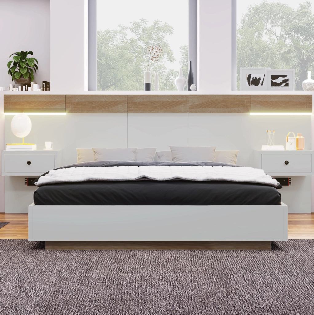 Letto matrimoniale 140 x 200 cm con 2 comodini LED e prese USB/USB-C