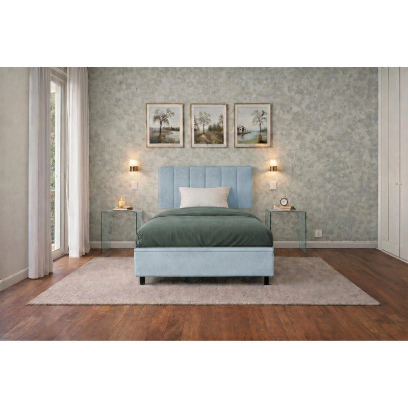 Letto imbottito Singolo 80x200 cm Vertical - Contenitore,Microfibra,Azzurro