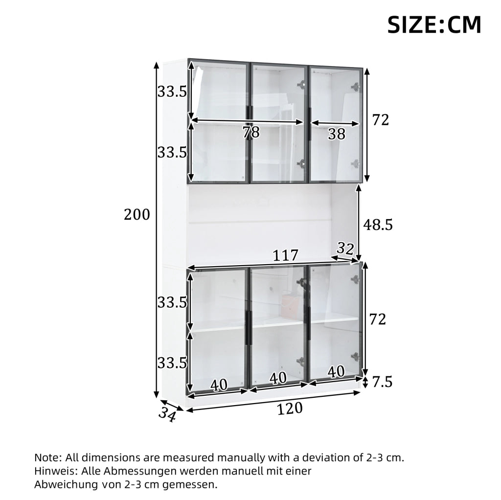 Vetrina bianca in MDF con 6 ante in vetro, LED regolabile via app, 120x34x200 cm, armadio alto con sicurezza anti-ribaltamento