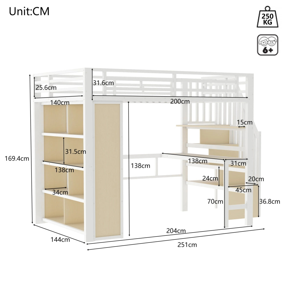 Letto a soppalco 140 x 200 cm con scrivania, LED e scale contenitore