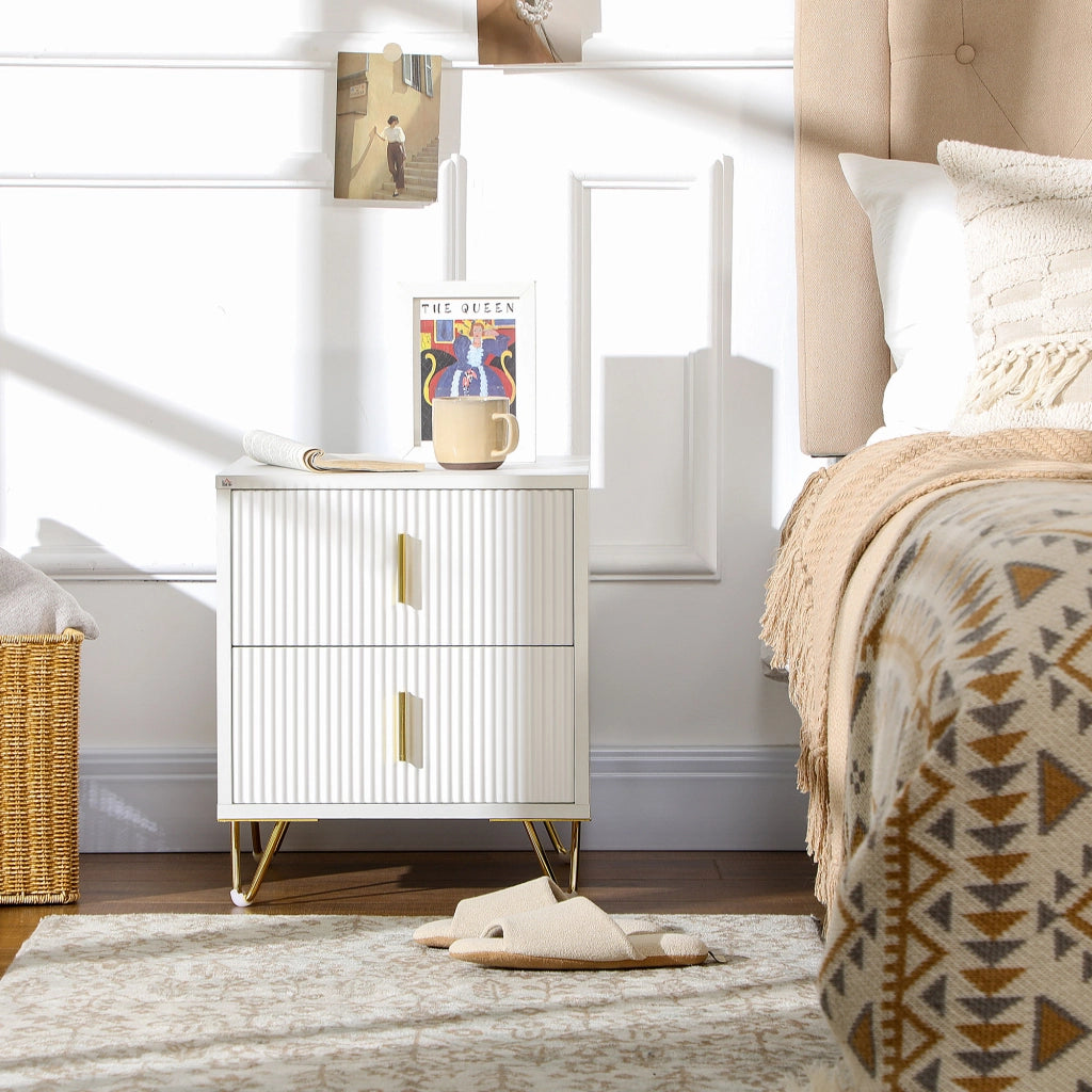 Comodino con 2 cassetti ¨C Xylo ¨C Bianco con gambe in metallo 40x40x47 cm