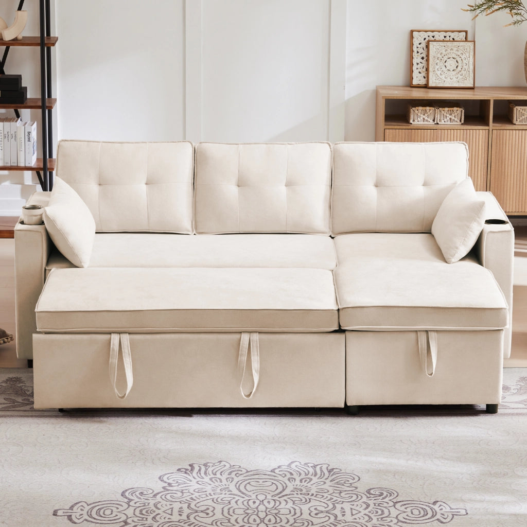 Divano letto 3 posti con chaise longue reversibile e contenitore in tessuto beige