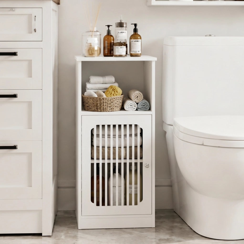 Mobile bagno basso bianco in MDF e pannello truciolare, ante a lamelle