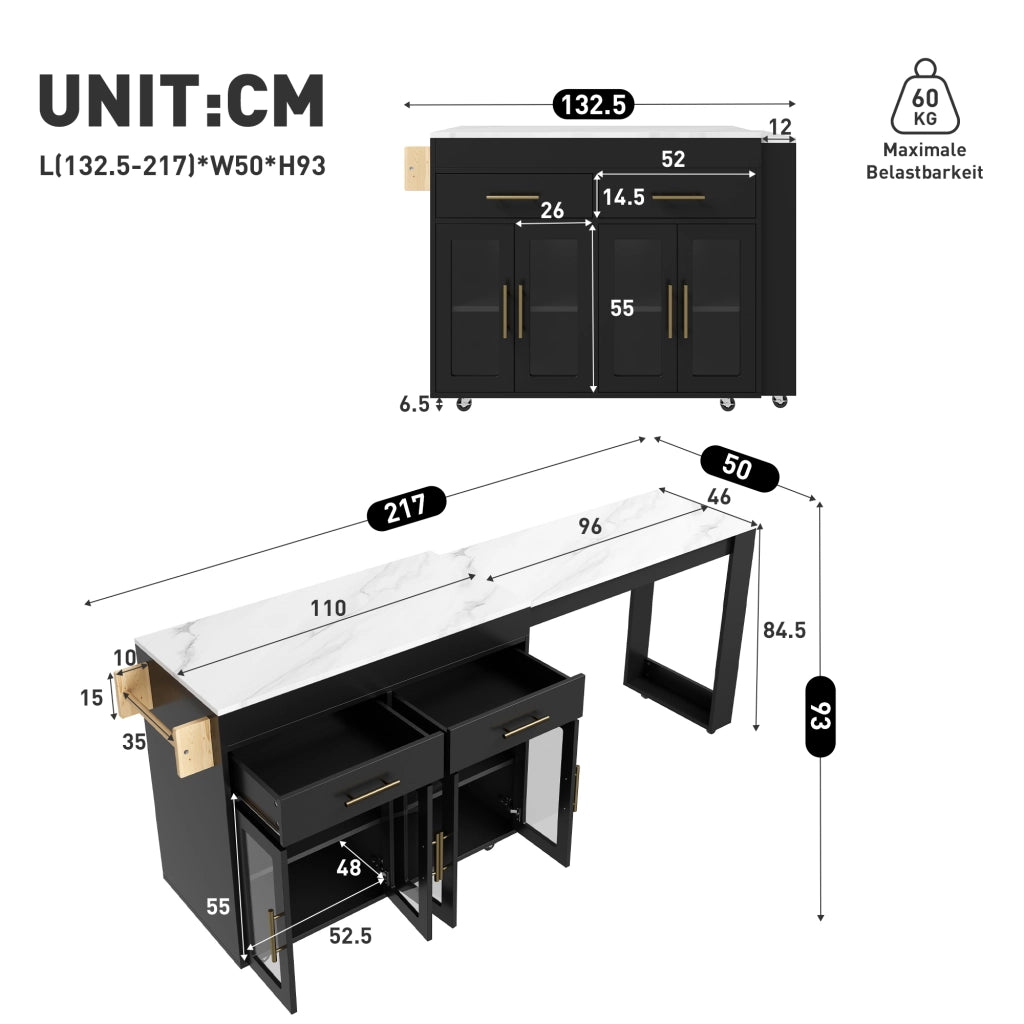 Tavolo alto da cucina estraibile con mobili contenitore; ripiani regolabili; ruote e freni in MDF nero 132.5–217 × 50 × 93 cm