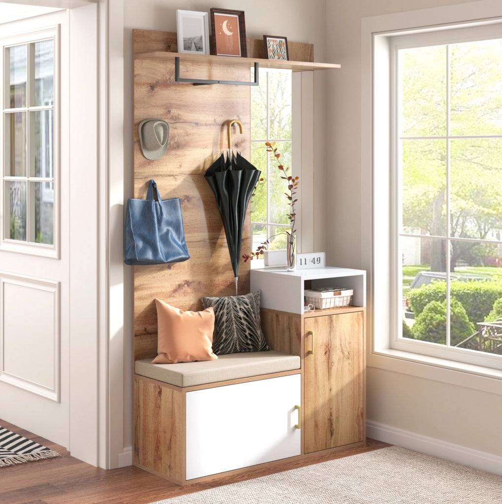 Set da ingresso bianco e legno con specchio, scarpiera, appendiabiti, panca e ganci