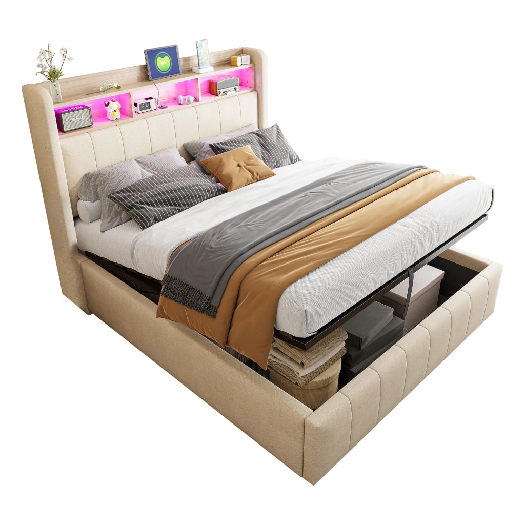 Letto imbottito matrimoniale 140x200 cm con LED e presa USB, testiera con ripiani e contenitore, sollevamento idraulico, per adulti, lino - Beige