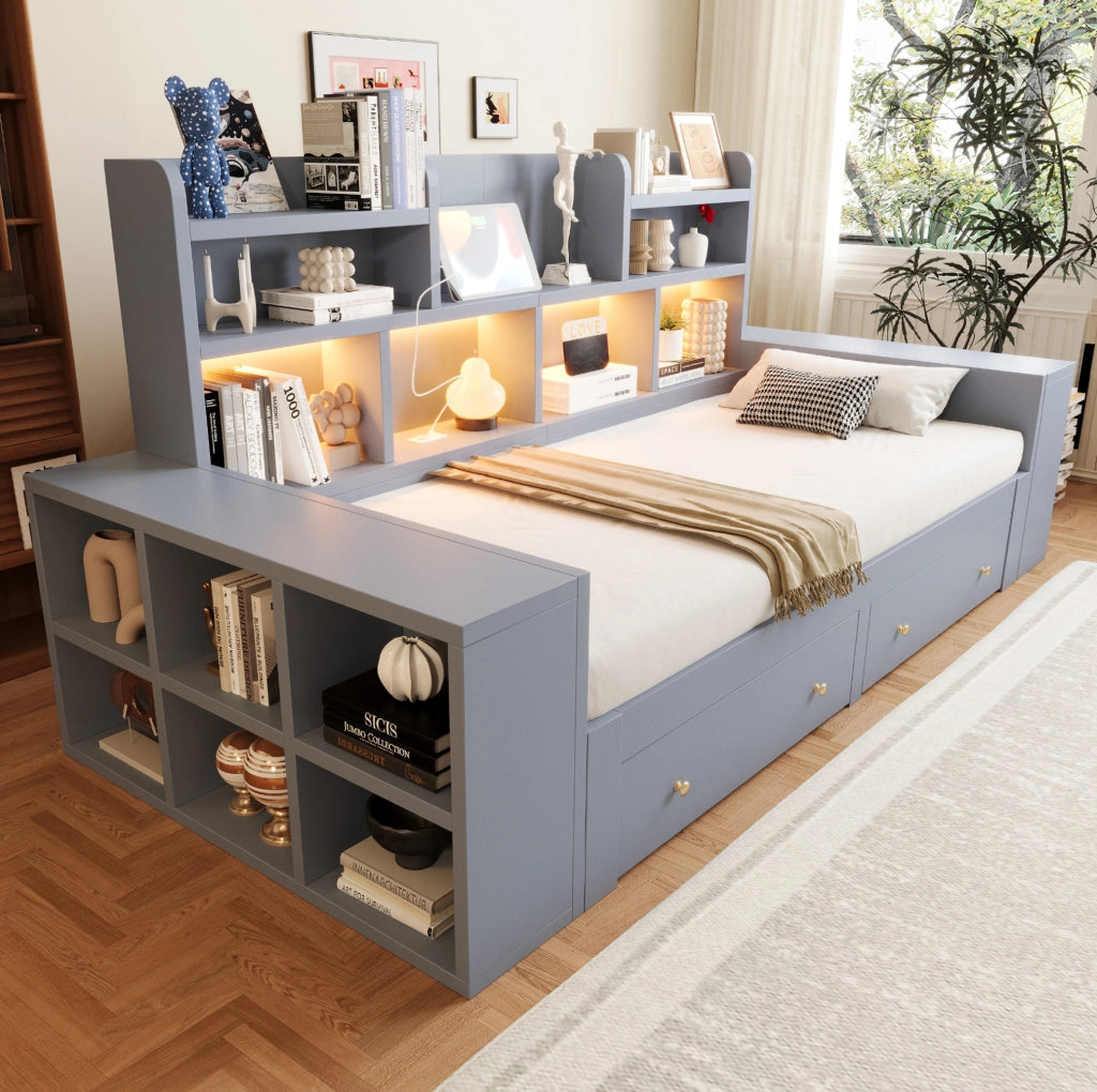 Divano letto estraibile 90x200/180x200 cm con cassetti, LED e prese in compensato e MDF grigio