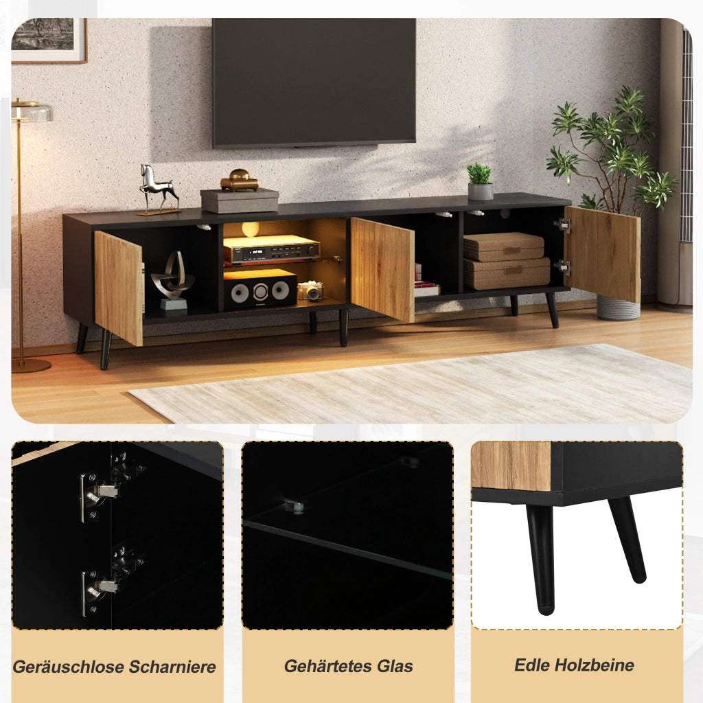 Mobile TV LED con 3 ante e ripiani in vetro regolabili per soggiorno, legno naturale e nero, 175 × 31 × 43.5 cm