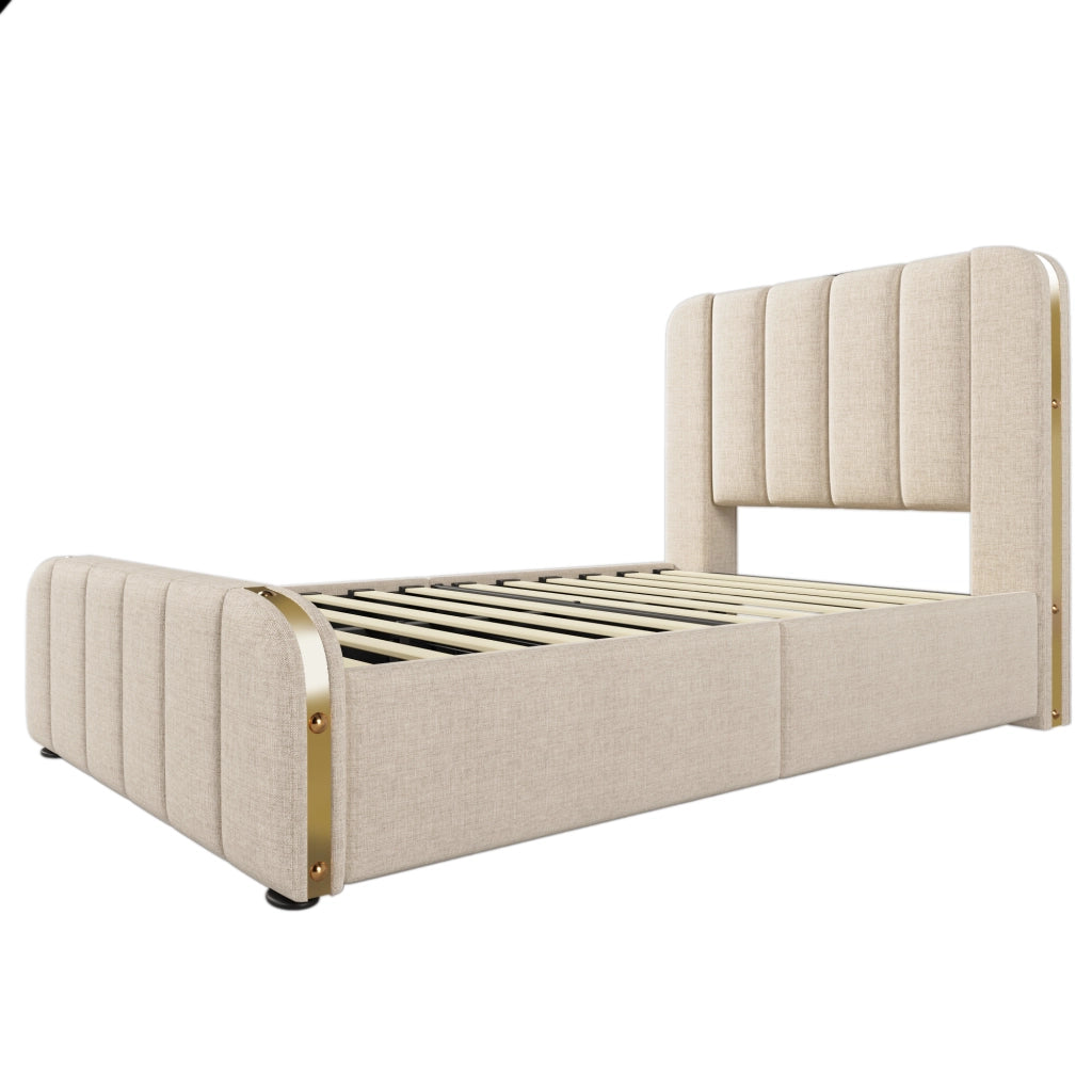 Letto singolo imbottito 90x200 cm beige con 4 cassetti