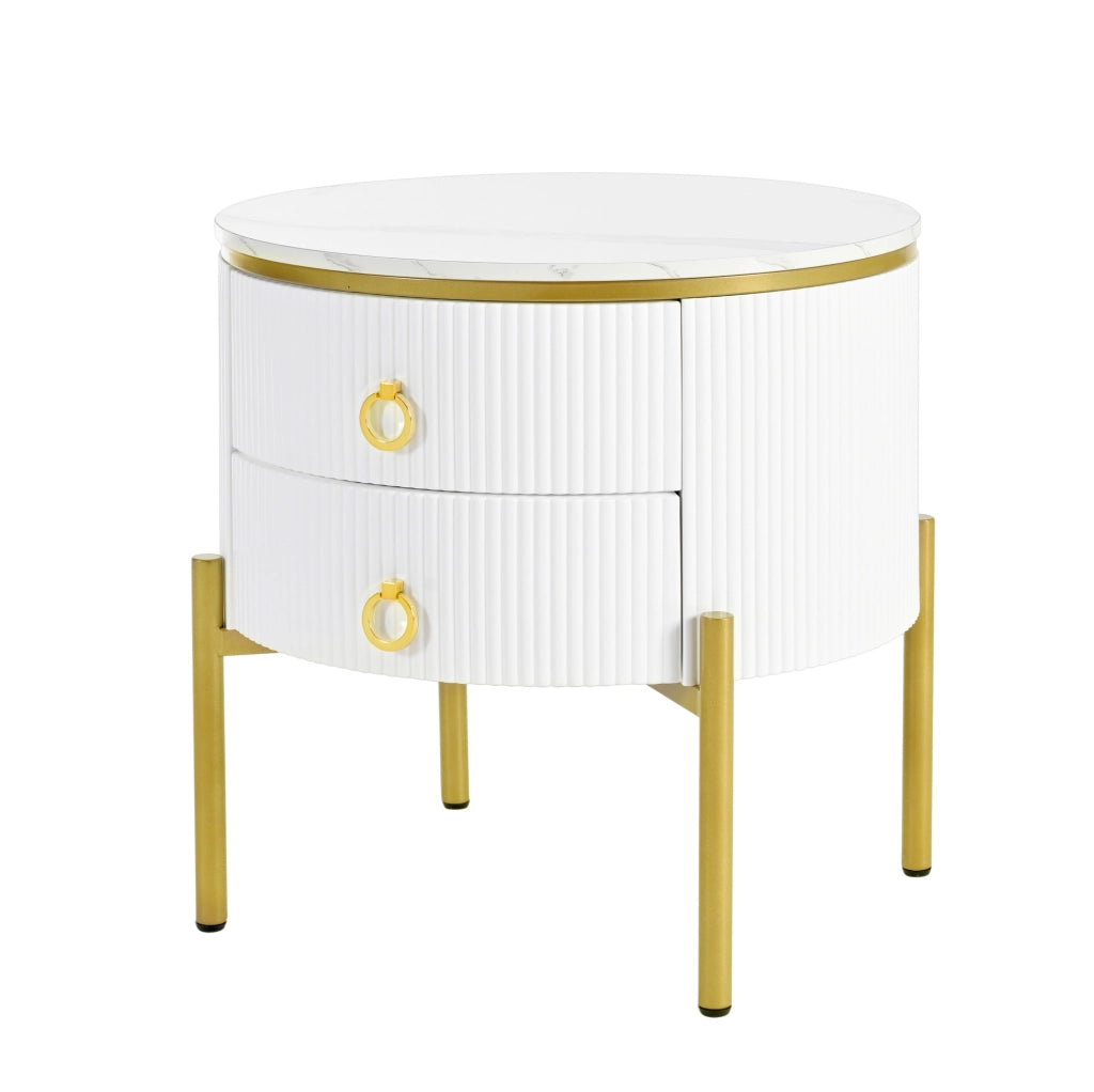 Tavolino laterale ULEVR ?50x51 cm con 2 cassetti, gambe regolabili e finitura effetto marmo bianco e oro