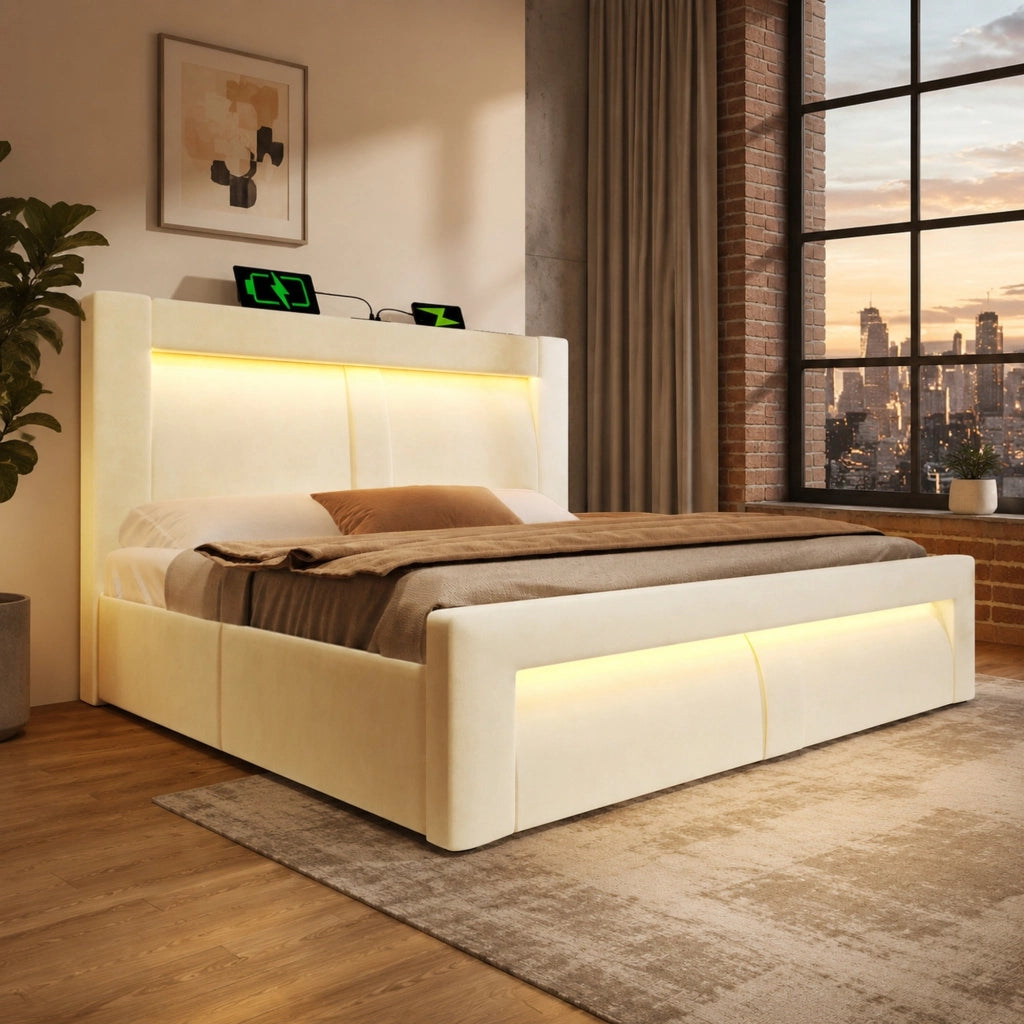 Letto matrimoniale contenitore 160 × 200 cm con LED; USB e USB-C; velluto beige