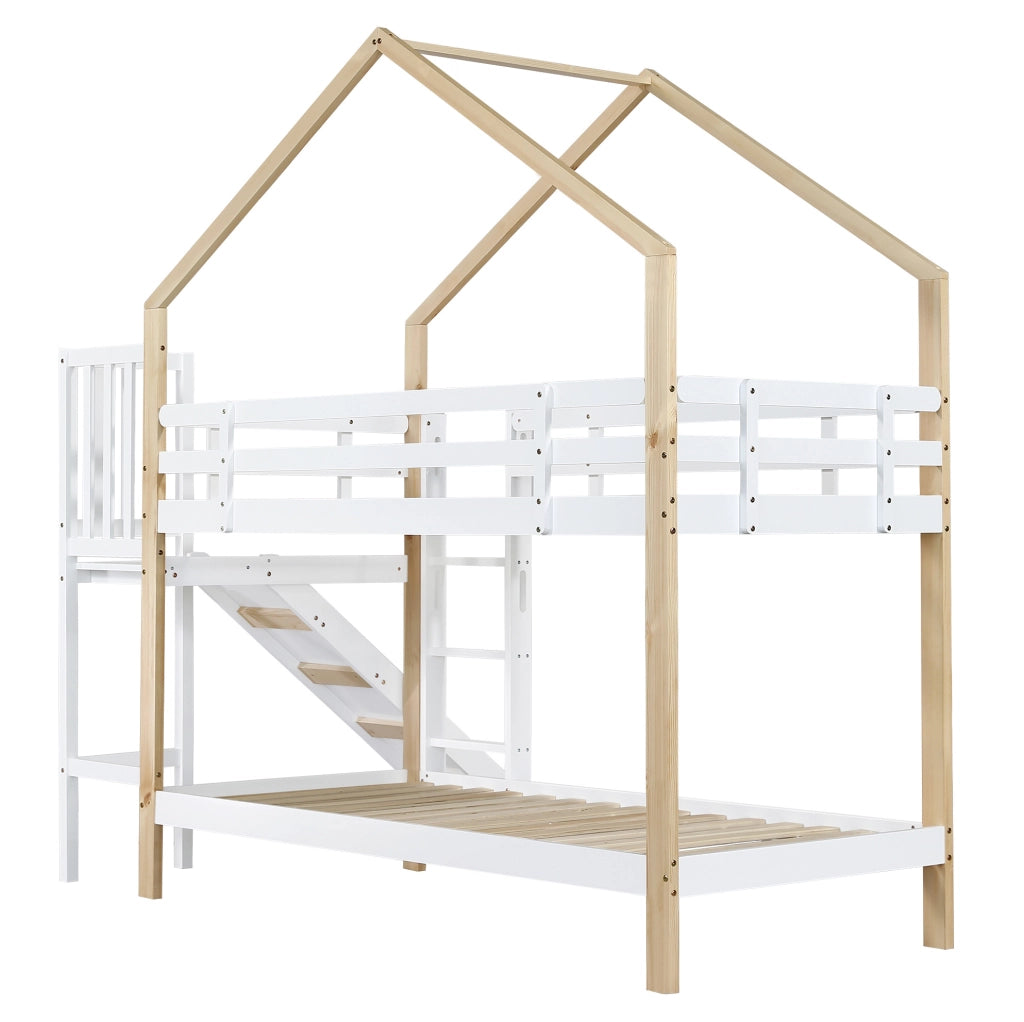 Letto a castello a casetta 90x200 cm con scivolo, scala e protezioni
