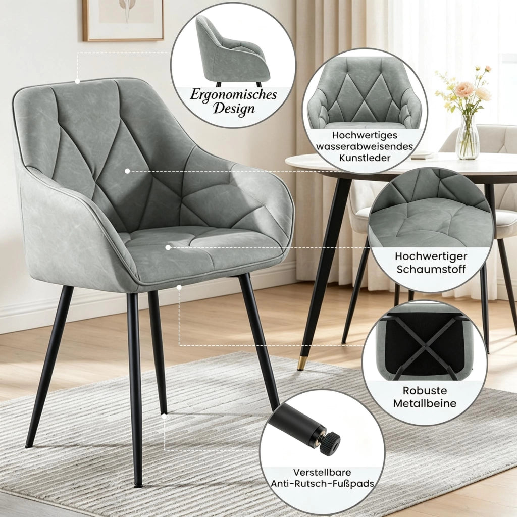 Set di 2 sedie da pranzo ergonomiche imbottite in similpelle grigia