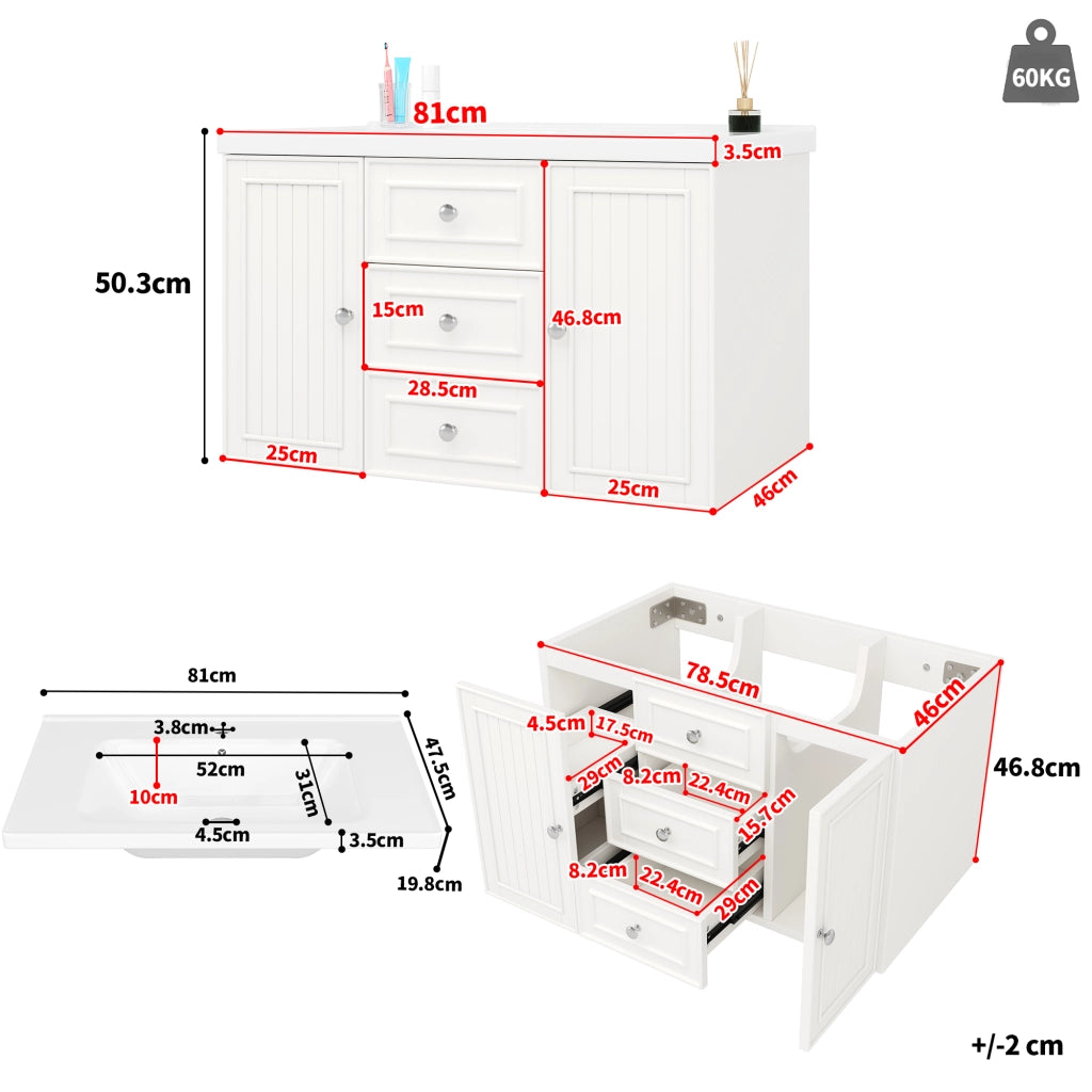 Mobile per lavabo singolo sospeso con lavabo in ceramica; cassetti e vano; bianco 78.5 × 46 × 46.8 cm